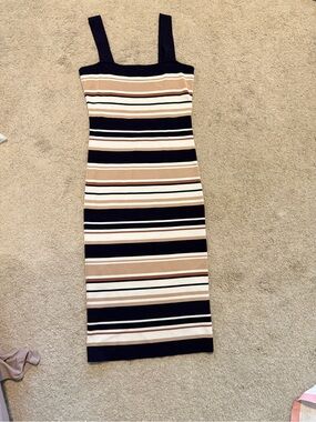 Bardot Navy, Tan and White Striped Midi Dress